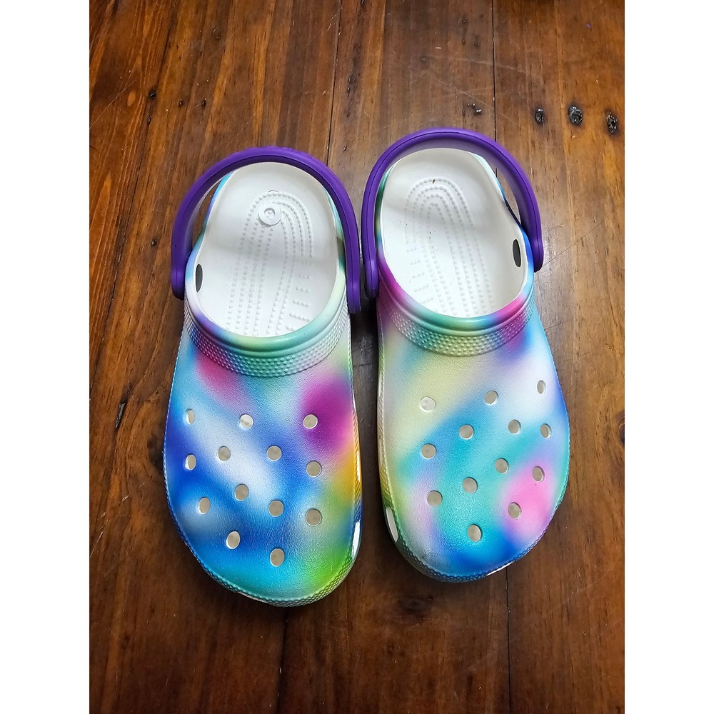 Crocs Kids Classic Clog Rainbow Tie Dye Purple Strap Shoes J4 Junior Size 4